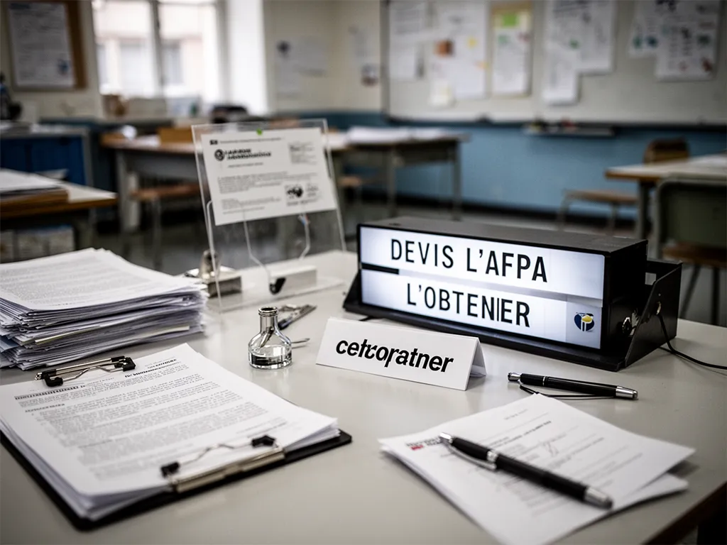 Écran d’ordinateur affiché sur le site de l’AFPA avec une calculatrice, un carnet et un dossier de formation posés à côté