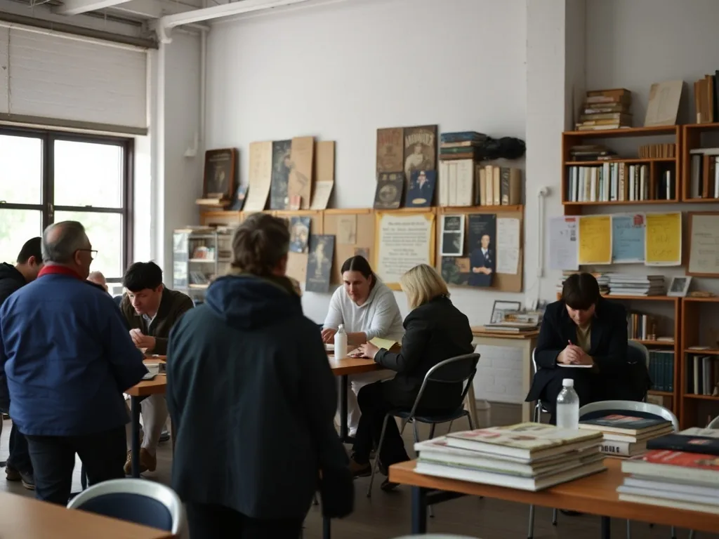 Exposants discutant sur un stand moderne dans un salon professionnel, panneaux d'affichage de dispositifs d'aide