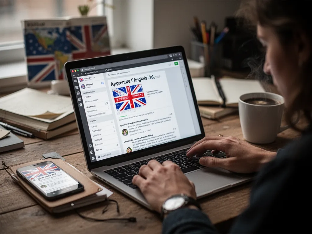 Personne utilisant une application d’anglais sur smartphone avec un carnet ouvert et des écouteurs à côté