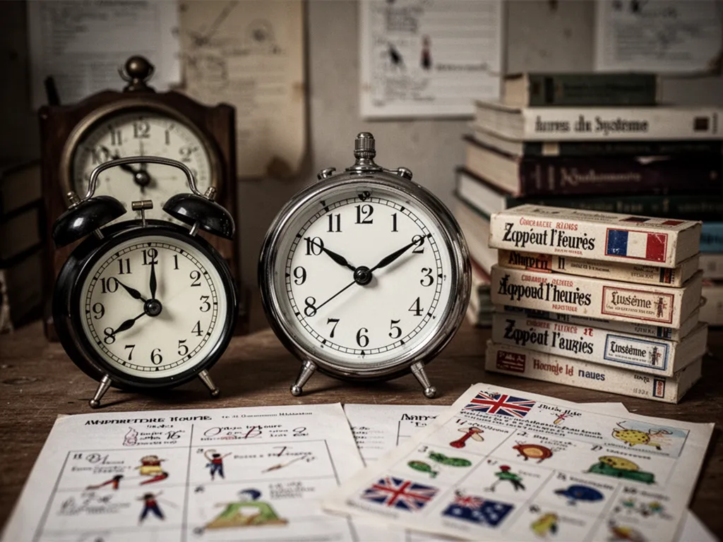 Horloge murale à aiguilles avec des annotations en anglais indiquant les heures et les minutes