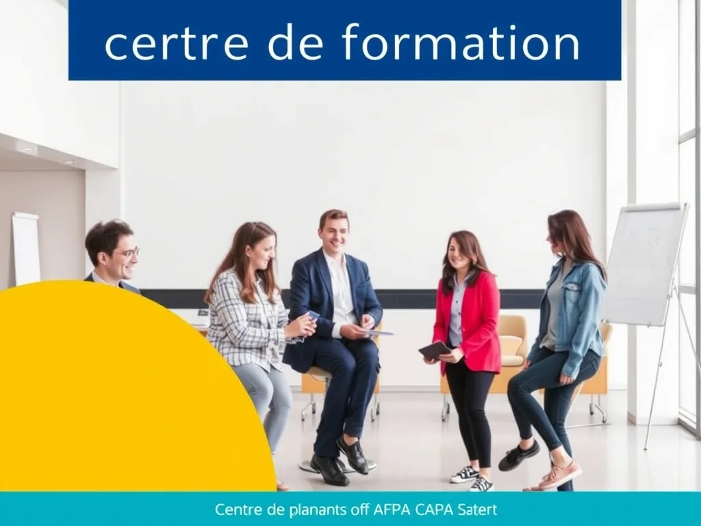 Façade du centre AFPA de Caen avec des stagiaires en tenue professionnelle