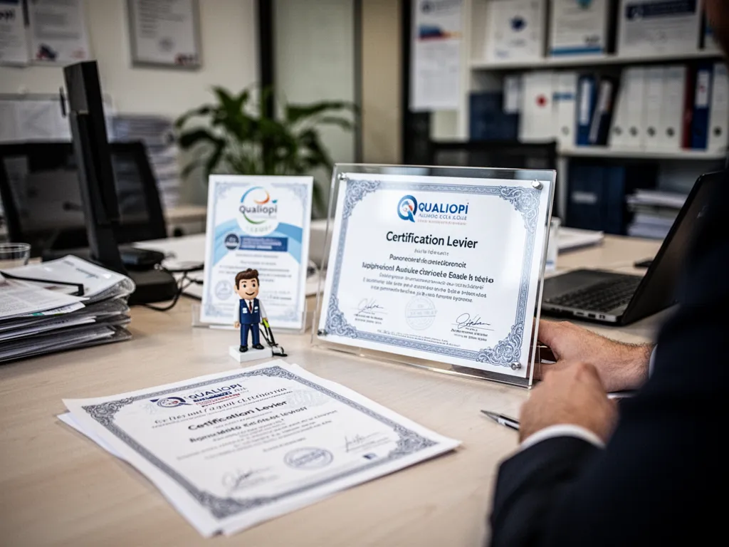 Un moniteur d'auto-école en voiture avec un élève, un dossier de certification Qualiopi posé sur le tableau de bord