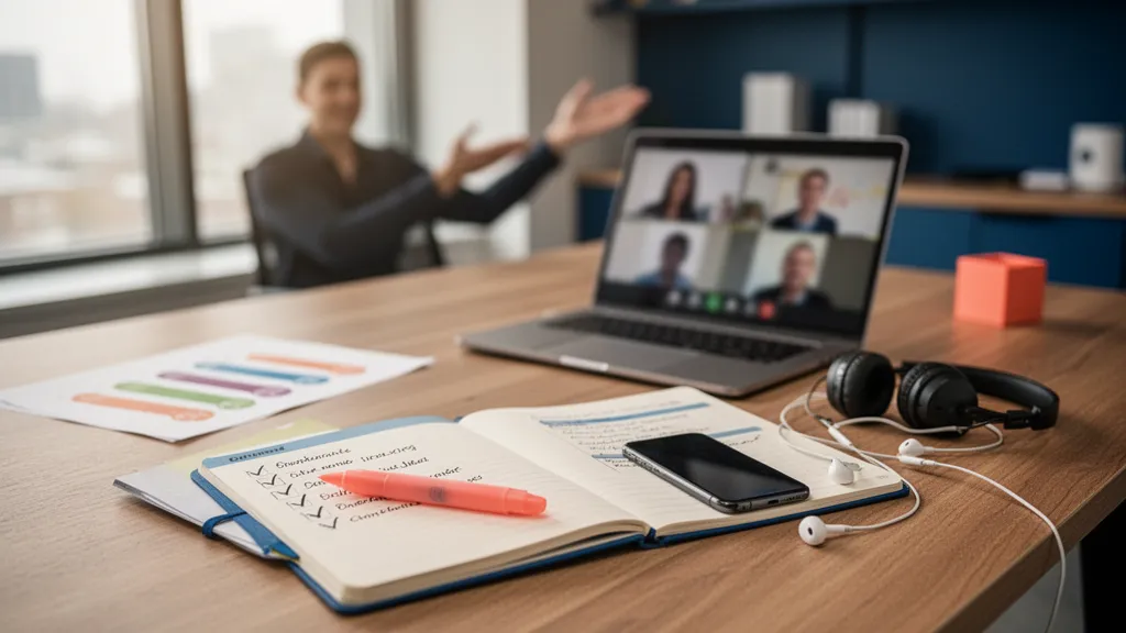 Personne devant un ordinateur avec une application de visioconférence et des notes de vocabulaire