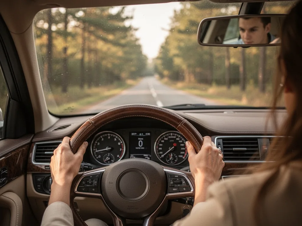 A woman's hands on a leather steering wheel at ten and two, dashboard dials in soft afternoon light, windshield view of 