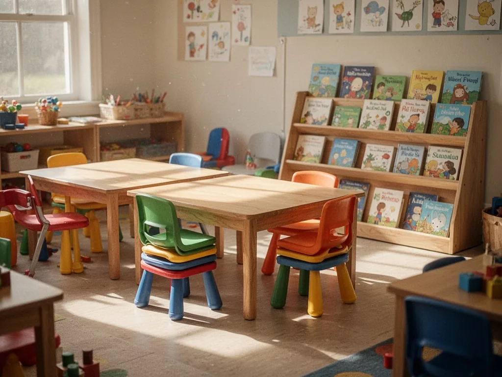 A bright preschool classroom with low wooden tables, colorful stacking chairs, and a shelf of picture books, soft mornin