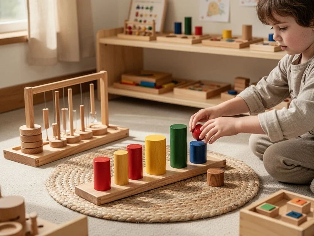 A calm Montessori classroom with wooden sensory materials, a child's hands arranging colored cylinders on a braided mat,