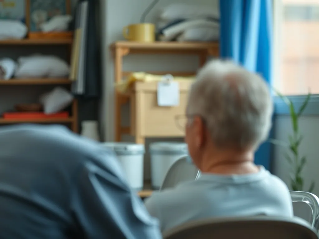 Une professionnelle en tenue de travail discute avec une personne âgée dans un salon parisien, documents de formation sur la table.