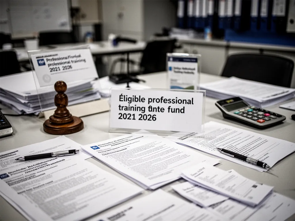 Personne consultant un catalogue de formations sur ordinateur avec un carnet de notes et un téléphone à côté