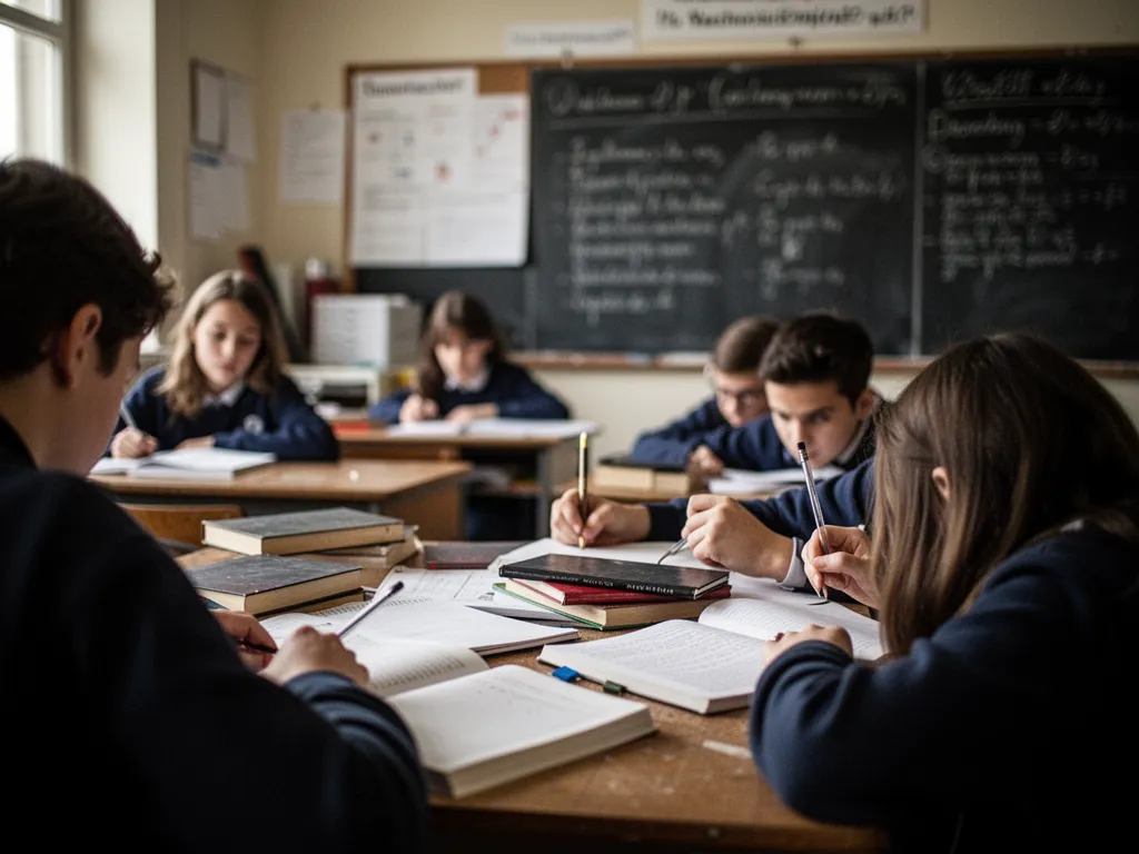 Jeune alternant dans un bureau parisien, carnet de notes ouvert, ordinateur et contrat d'apprentissage sur la table