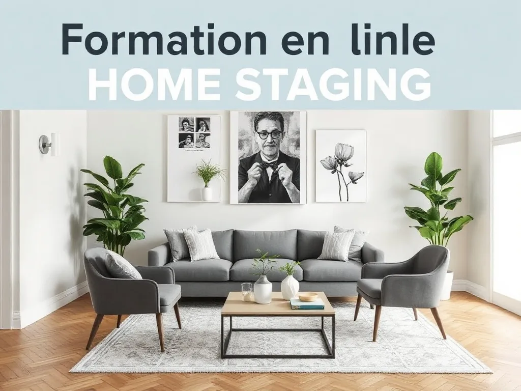 Plan de travail clair avec croquis d'aménagement, nuancier de couleurs, ordinateur affichant un module de formation home