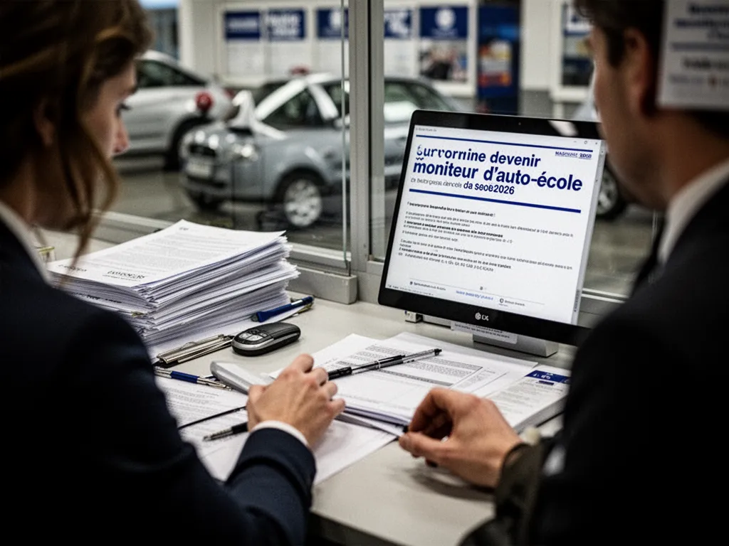 Un formateur assis à l'avant d'une voiture d'auto-école, expliquant un point de conduite à un stagiaire attentif, vue de l'habitacle
