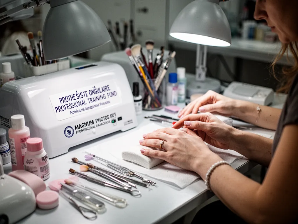 Mains d'une prothésiste ongulaire en train de poser du gel sur les ongles d'une cliente