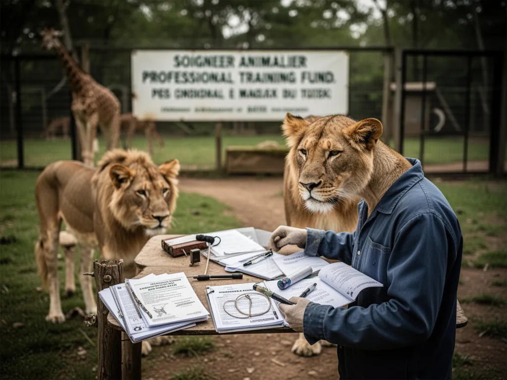 Un soigneur animalier en tenue professionnelle nourrit une girafe dans un enclos de parc zoologique