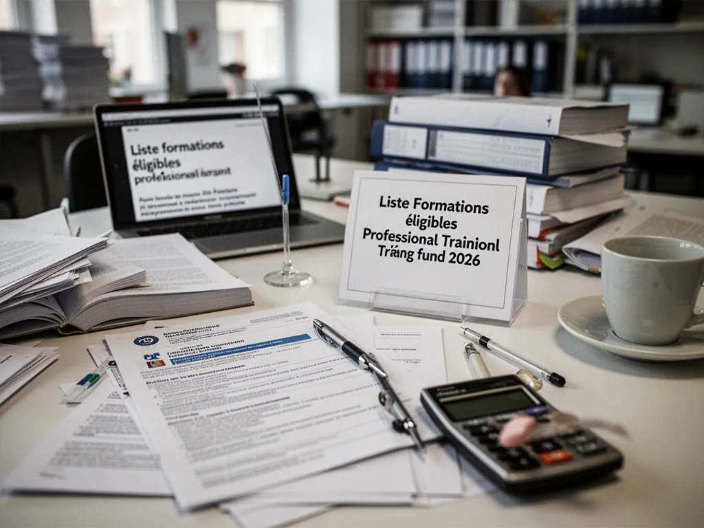 Personne consultant un catalogue de formations sur ordinateur avec un carnet de notes et un téléphone à côté