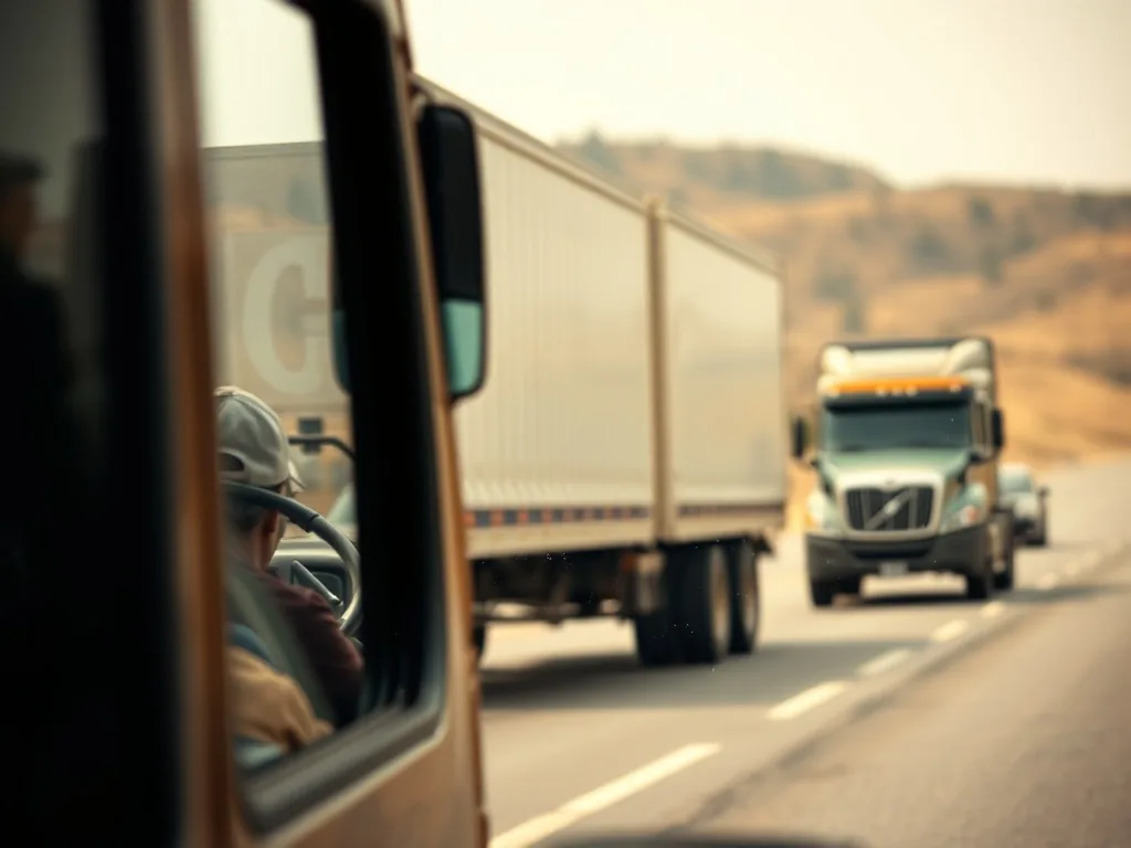 Un camion poids lourd sur une route, vu de face, avec un ciel nuageux en arrière-plan
