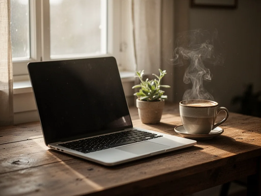 A laptop open on a wooden desk with a steaming coffee cup and a small plant, soft morning sunlight streaming through a w