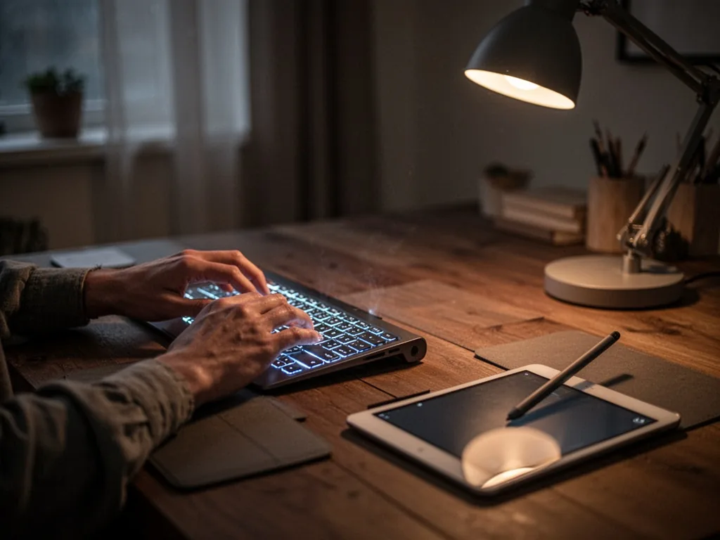 Two hands typing on a backlit keyboard, a digital tablet with stylus beside it, dim evening room light from a desk lamp