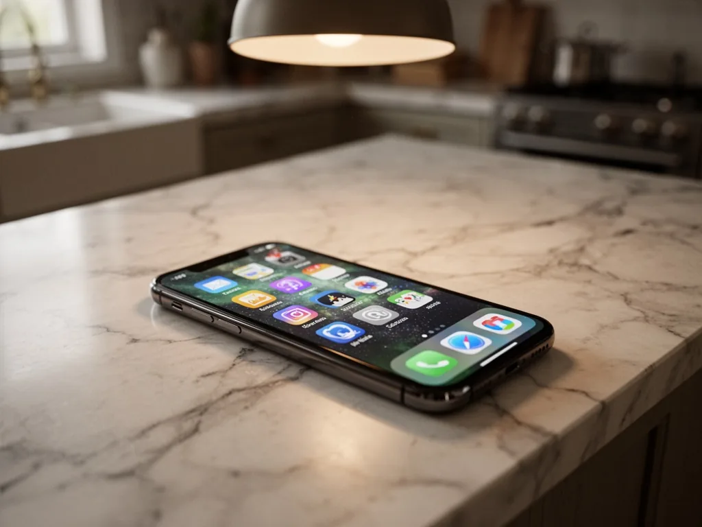 A smartphone lying on a marble countertop, several education app icons visible on its screen, soft overhead kitchen ligh