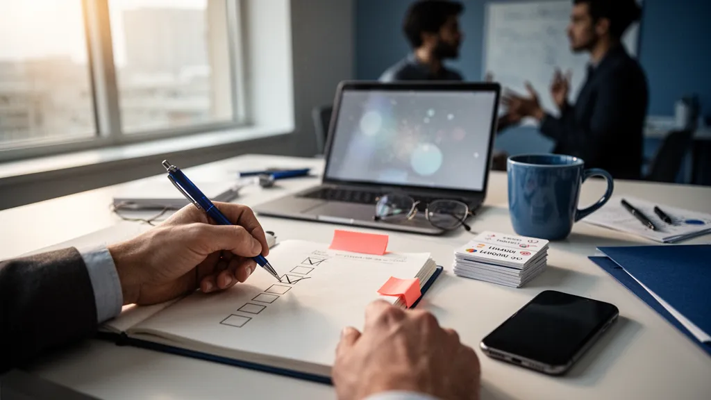 Personne consultant un catalogue de formations sur un ordinateur portable, notes à côté