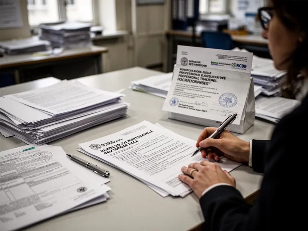 Personne travaillant sur un dossier de certification formation avec un ordinateur portable et des documents administratifs