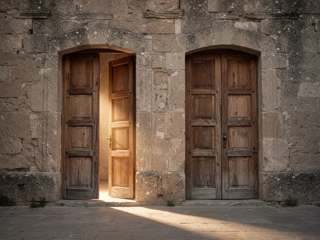 Two tall wooden doors side by side in an ancient stone wall, one door slightly open with warm light spilling out, the ot