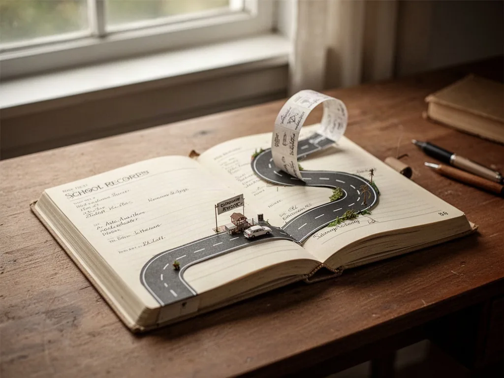 A single open school record booklet on a wooden desk, a miniature winding paper road unfolding from its pages, soft wind