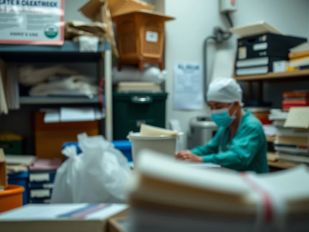 Bureau d'accueil d'un cabinet médical avec ordinateur, agenda de rendez-vous et dossiers patients classés