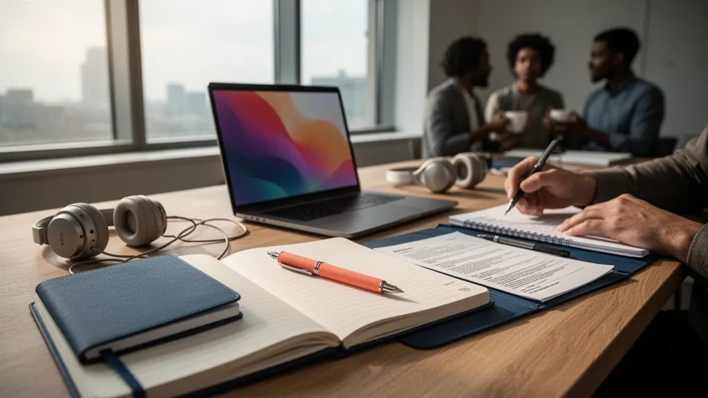 Étudiant discutant avec un local dans un café, carnet ouvert sur la table